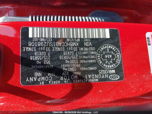 12644169 :رقم المزاد ، KM8HCCAB1SU298108 vin ، 2025 Hyundai Kona Sel مزاد بيع