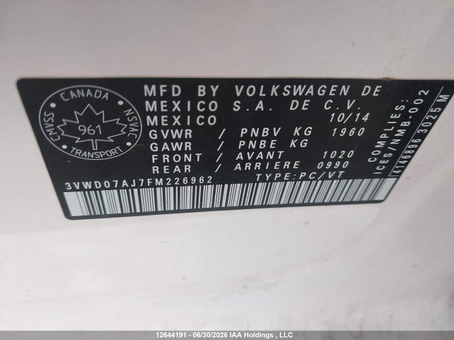 12644191 :رقم المزاد ، 3VWD07AJ7FM226962 vin ، 2015 Volkswagen Jetta 1.8 Tsi Comfortline/1.8 Tsi Trendline+ مزاد بيع