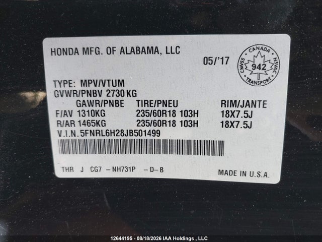 Honda Odyssey 2018 5FNRL6H28JB501499 Image 9