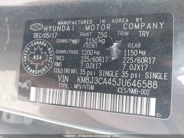 Продажа на аукционе авто 2018 Hyundai Tucson Premium 2.0l, vin: KM8J3CA45JU646588, номер лота: 12644197