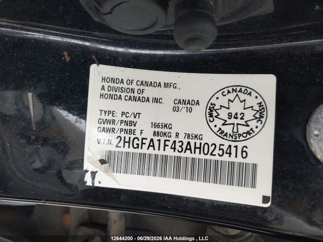 Продаж на аукціоні авто 2010 Honda Civic, vin: 2HGFA1F43AH025416, номер лоту: 12644200