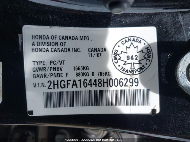 2008 Honda Civic მანქანა იყიდება აუქციონზე, vin: 2HGFA16448H006299, აუქციონის ნომერი: 12644209