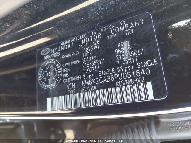 12594490 :رقم المزاد ، KM8K2CAB6PU031840 vin ، 2023 Hyundai Kona Preferred Awd مزاد بيع