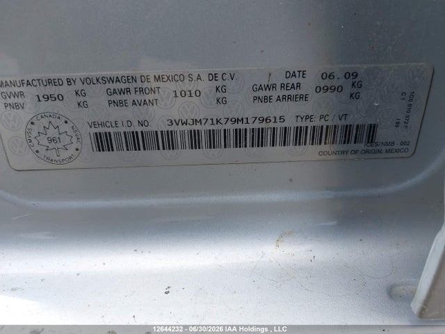 Продажа на аукционе авто 2009 Volkswagen Jetta 2.5l Comfortline, vin: 3VWJM71K79M179615, номер лота: 12644232