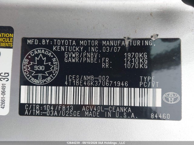 Auction sale of the 2007 Toyota Camry Le/se, vin: 4T1BE46K37U671946, lot number: 12644239