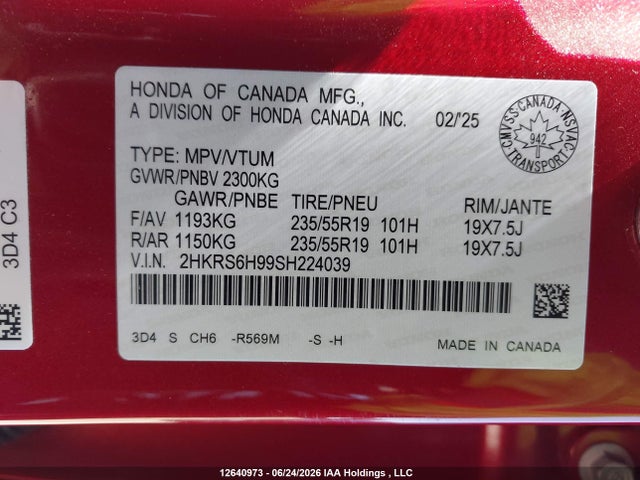 Aukcja sprzedaży 2025 Honda Cr-v Touring Hybrid, vin: 2HKRS6H99SH224039, numer aukcji: 12640973
