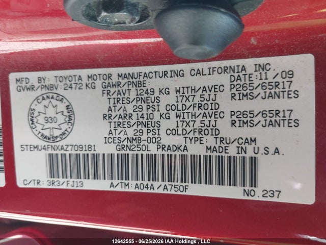2010 Toyota Tacoma V6 მანქანა იყიდება აუქციონზე, vin: 5TEMU4FNXAZ709181, აუქციონის ნომერი: 12642555