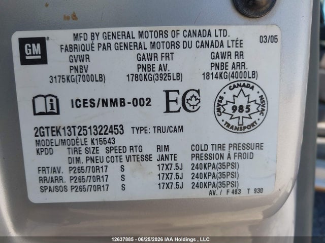 Продажа на аукционе авто 2005 Gmc Sierra 1500 Sle/slt, vin: 2GTEK13T251322453, номер лота: 12637885