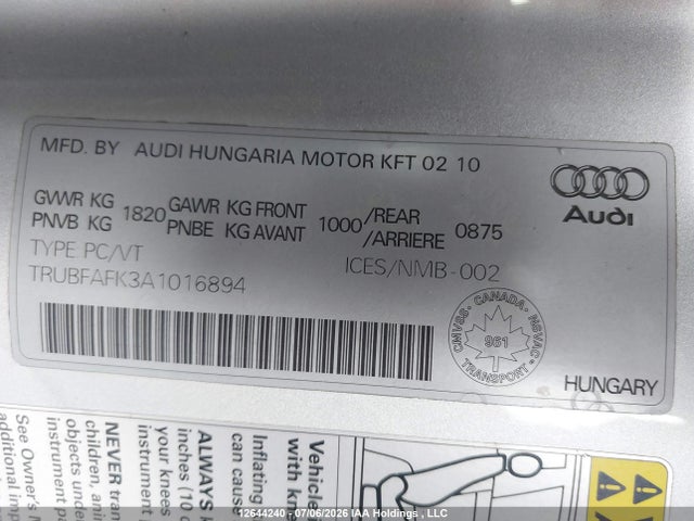 12644240 :رقم المزاد ، TRUBFAFK3A1016894 vin ، 2010 Audi Tt 2.0t مزاد بيع
