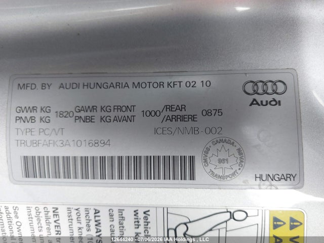 12644240 :رقم المزاد ، TRUBFAFK3A1016894 vin ، 2010 Audi Tt 2.0t مزاد بيع