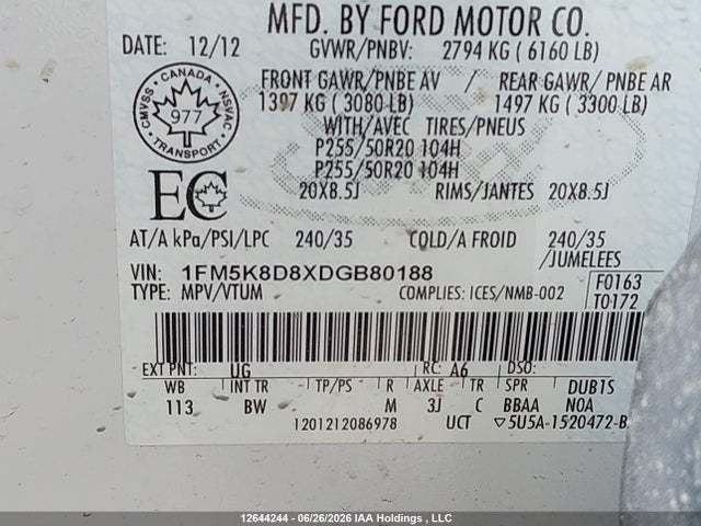 2013 Ford Explorer Xlt მანქანა იყიდება აუქციონზე, vin: 1FM5K8D8XDGB80188, აუქციონის ნომერი: 12644244