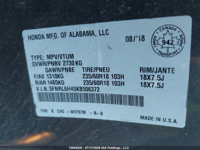 Honda ODYSSEY EX 2019 5FNRL6H45KB506372 Image 9