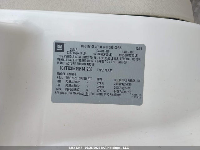 Продажа на аукционе авто 2009 Cadillac Escalade Esv Platinum, vin: 1GYFK36219R141208, номер лота: 12644247