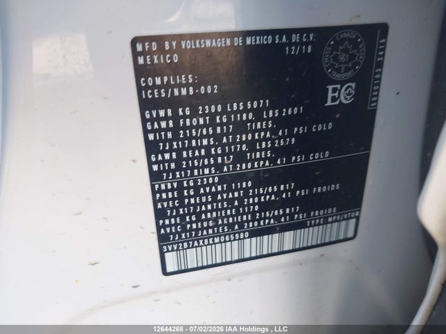 12644268 :رقم المزاد ، 3VV2B7AX8KM065980 vin ، 2019 Volkswagen Tiguan Comfortline مزاد بيع