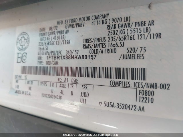 12644272 :رقم المزاد ، 1FTBR1X88NKA80157 vin ، 2022 Ford Transit T-250 مزاد بيع