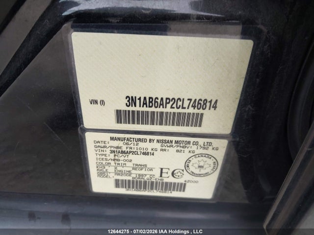 2012 Nissan Sentra 2.0/2.0s/sr/2.0sl მანქანა იყიდება აუქციონზე, vin: 3N1AB6AP2CL746814, აუქციონის ნომერი: 12644275
