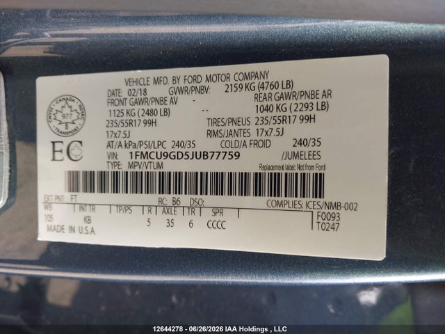 12644278 :رقم المزاد ، 1FMCU9GD5JUB77759 vin ، 2018 Ford Escape Se مزاد بيع