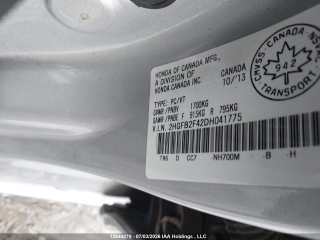 2013 Honda Civic Lx მანქანა იყიდება აუქციონზე, vin: 2HGFB2F42DH041775, აუქციონის ნომერი: 12644279