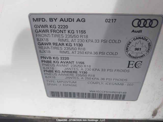 WA1ECCFS1HR016149 Audi Q3