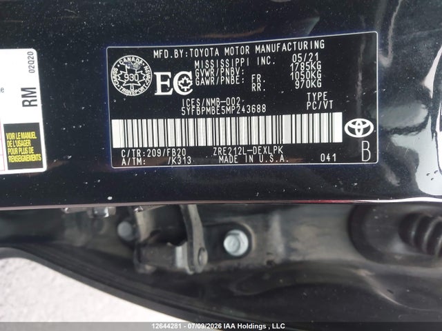 Продажа на аукционе авто 2021 Toyota Corolla Le, vin: 5YFBPMBE5MP243688, номер лота: 12644281