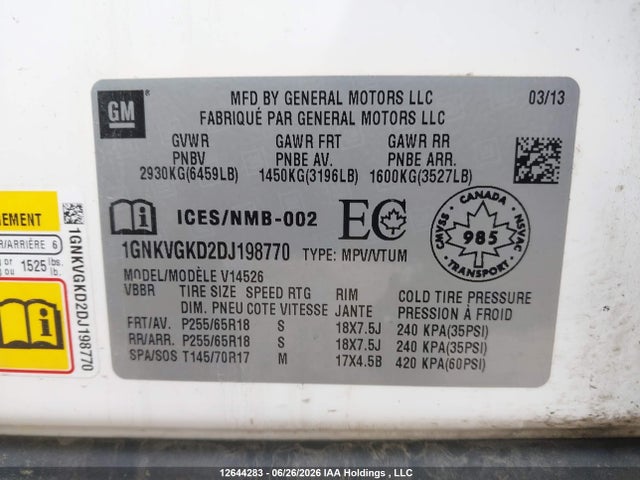 Aukcja sprzedaży 2013 Chevrolet Traverse 1lt, vin: 1GNKVGKD2DJ198770, numer aukcji: 12644283