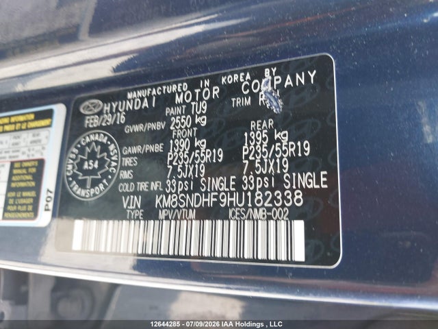 Hyundai Santa Fe 2017 KM8SNDHF9HU182338 Image 9