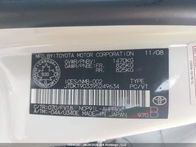 Продаж на аукціоні авто 2009 Toyota Yaris, vin: JTDKT903395249634, номер лоту: 12644287