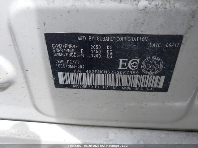 Aukcja sprzedaży 2017 Subaru Legacy 2.5i Limited, vin: 4S3BNCN62H3067959, numer aukcji: 12644292