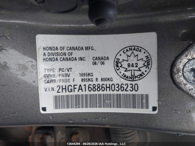 2006 Honda Civic Ex მანქანა იყიდება აუქციონზე, vin: 2HGFA16886H036230, აუქციონის ნომერი: 12644294