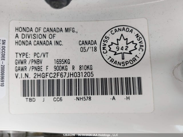 Honda CIVIC SE 2018 2HGFC2F67JH031205 Image 9