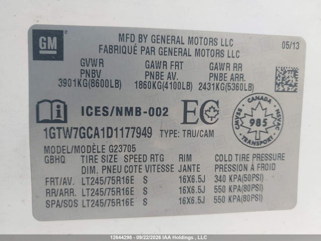 Продаж на аукціоні авто 2013 Gmc Savana 2500 Standard, vin: 1GTW7GCA1D1177949, номер лоту: 12644298