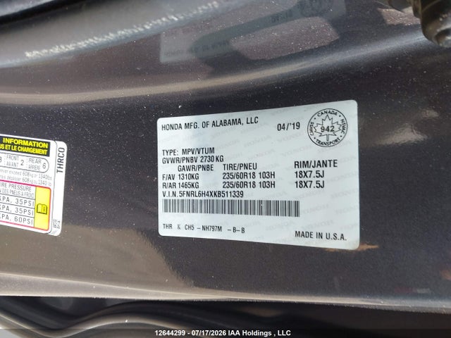 Aukcja sprzedaży 2019 Honda Odyssey Ex, vin: 5FNRL6H4XKB511339, numer aukcji: 12644299