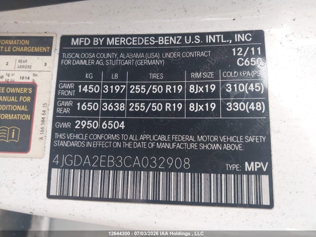 Aukcja sprzedaży 2012 Mercedes-benz Ml 350 Bluetec, vin: 4JGDA2EB3CA032908, numer aukcji: 12644300