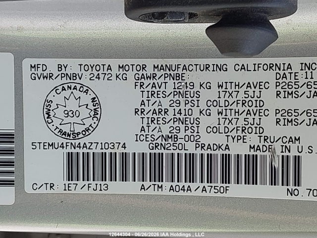 2010 Toyota Tacoma Double Cab Long Bed მანქანა იყიდება აუქციონზე, vin: 5TEMU4FN4AZ710374, აუქციონის ნომერი: 12644304