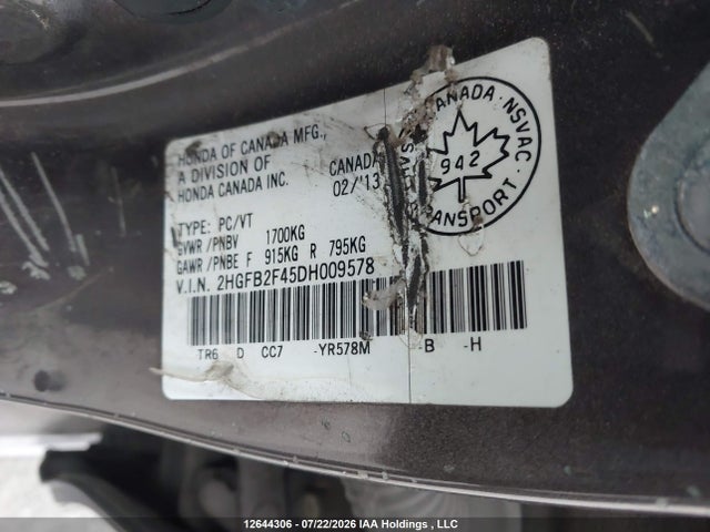 Aukcja sprzedaży 2013 Honda Civic Lx, vin: 2HGFB2F45DH009578, numer aukcji: 12644306