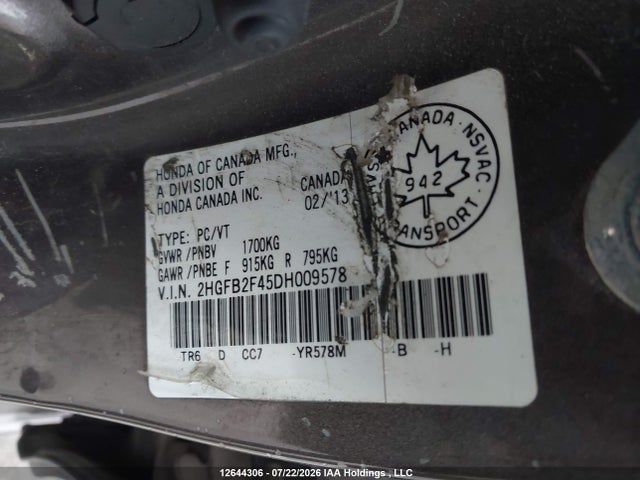 Aukcja sprzedaży 2013 Honda Civic Lx, vin: 2HGFB2F45DH009578, numer aukcji: 12644306