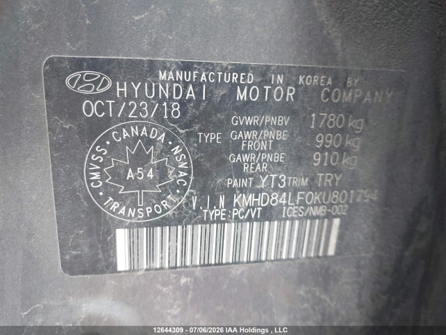 Aukcja sprzedaży 2019 Hyundai Elantra Sel/value/limited, vin: KMHD84LF0KU801794, numer aukcji: 12644309