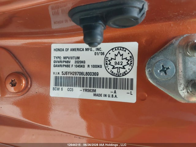 2006 Honda Element Y-package მანქანა იყიდება აუქციონზე, vin: 5J6YH28706L800369, აუქციონის ნომერი: 12644315