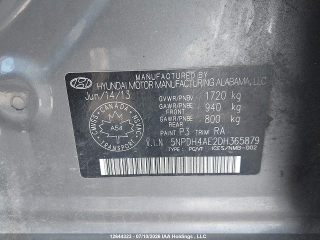 12644323 :رقم المزاد ، 5NPDH4AE2DH365879 vin ، 2013 Hyundai Elantra Gls/limited مزاد بيع