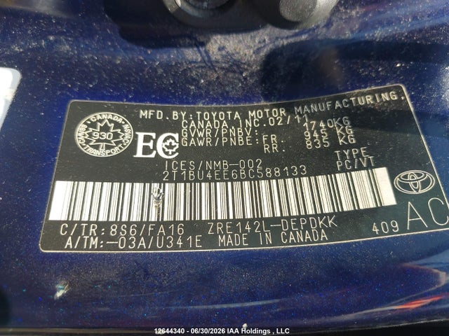 Продаж на аукціоні авто 2011 Toyota Corolla, vin: 2T1BU4EE6BC588133, номер лоту: 12644340