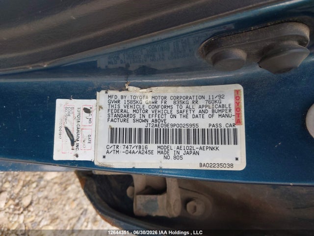 Продаж на аукціоні авто 1993 Toyota Corolla Le/dx, vin: JT2AE09E9P0025955, номер лоту: 12644351