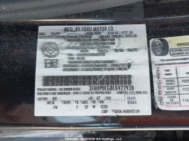 12644354 :رقم المزاد ، 3FAHP0CG8CR422938 vin ، 2012 Ford Fusion Sel مزاد بيع