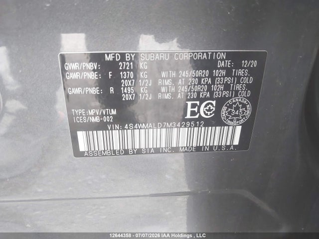 Aukcja sprzedaży 2021 Subaru Ascent Limited, vin: 4S4WMALD7M3429512, numer aukcji: 12644358