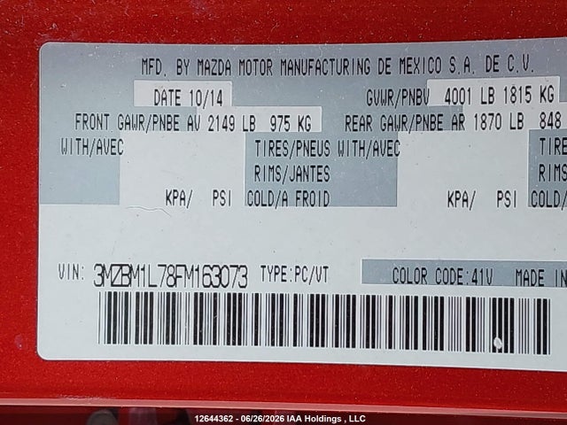 Mazda 3 TOURING 2015 3MZBM1L78FM163073 Image 9