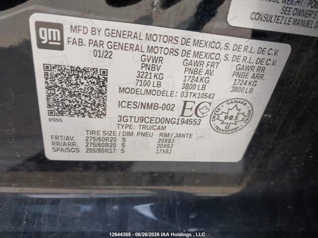 3GTU9CED0NG194553 GMC Sierra 1500 Limited Elevation