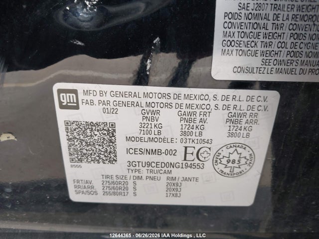 3GTU9CED0NG194553 GMC Sierra 1500 Limited Elevation