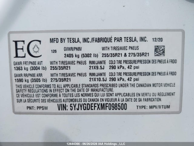 Aukcja sprzedaży 2021 Tesla Model Y, vin: 5YJYGDEFXMF098500, numer aukcji: 12644366