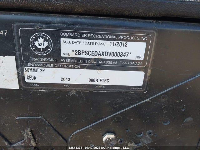 Продаж на аукціоні авто 2013 Skidoo , vin: 2BPSCEDAXDV000347, номер лоту: 12644378