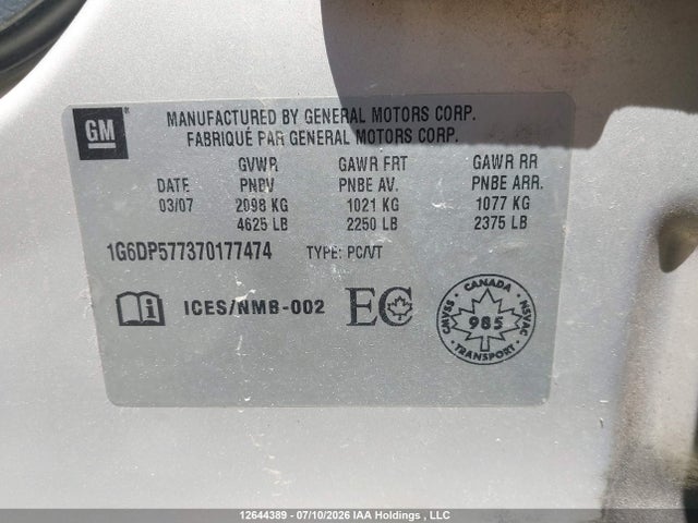 12644389 :رقم المزاد ، 1G6DP577370177474 vin ، 2007 Cadillac Cts مزاد بيع