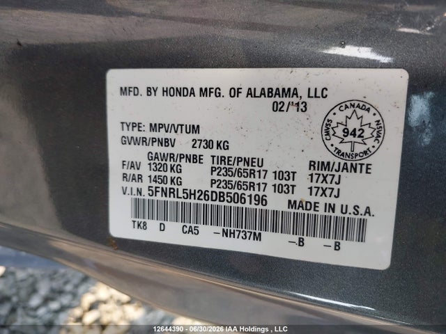 2013 Honda Odyssey Lx მანქანა იყიდება აუქციონზე, vin: 5FNRL5H26DB506196, აუქციონის ნომერი: 12644390